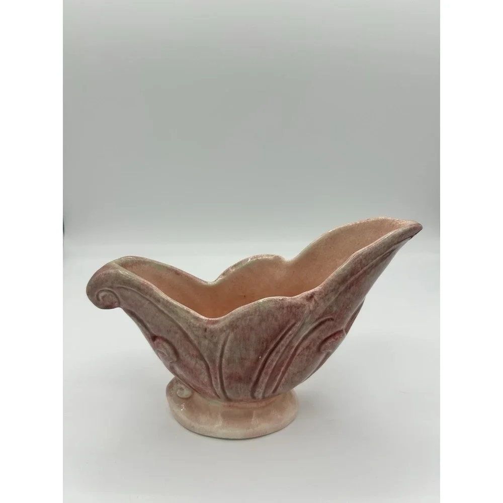 Vintage Mid-Century Pink art pottery Console Planter Unmarked Art Nouveau Leaf